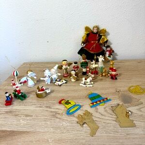 Vintage Lot Assorted Christmas Tree Ornaments Wood Plastic Metal Porcelain Angel